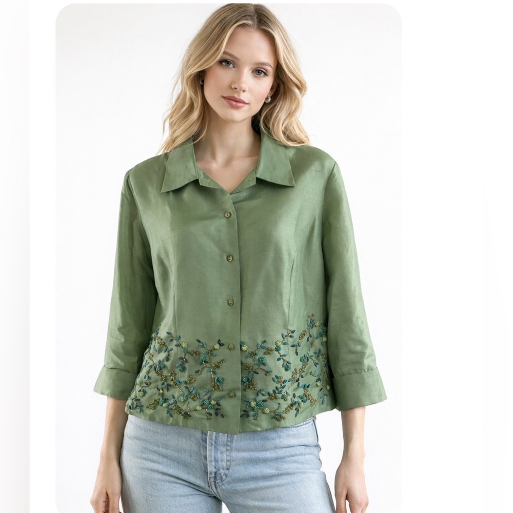 Vintage ICE Seafoam Green Silk Floral Beaded Structured 3/4 Sleeve Top Size 6